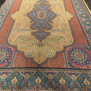 SUPER PERSIAN QUM MACHINE MADE YELLOW 6’7”X8’7” ORIENTAL RUG